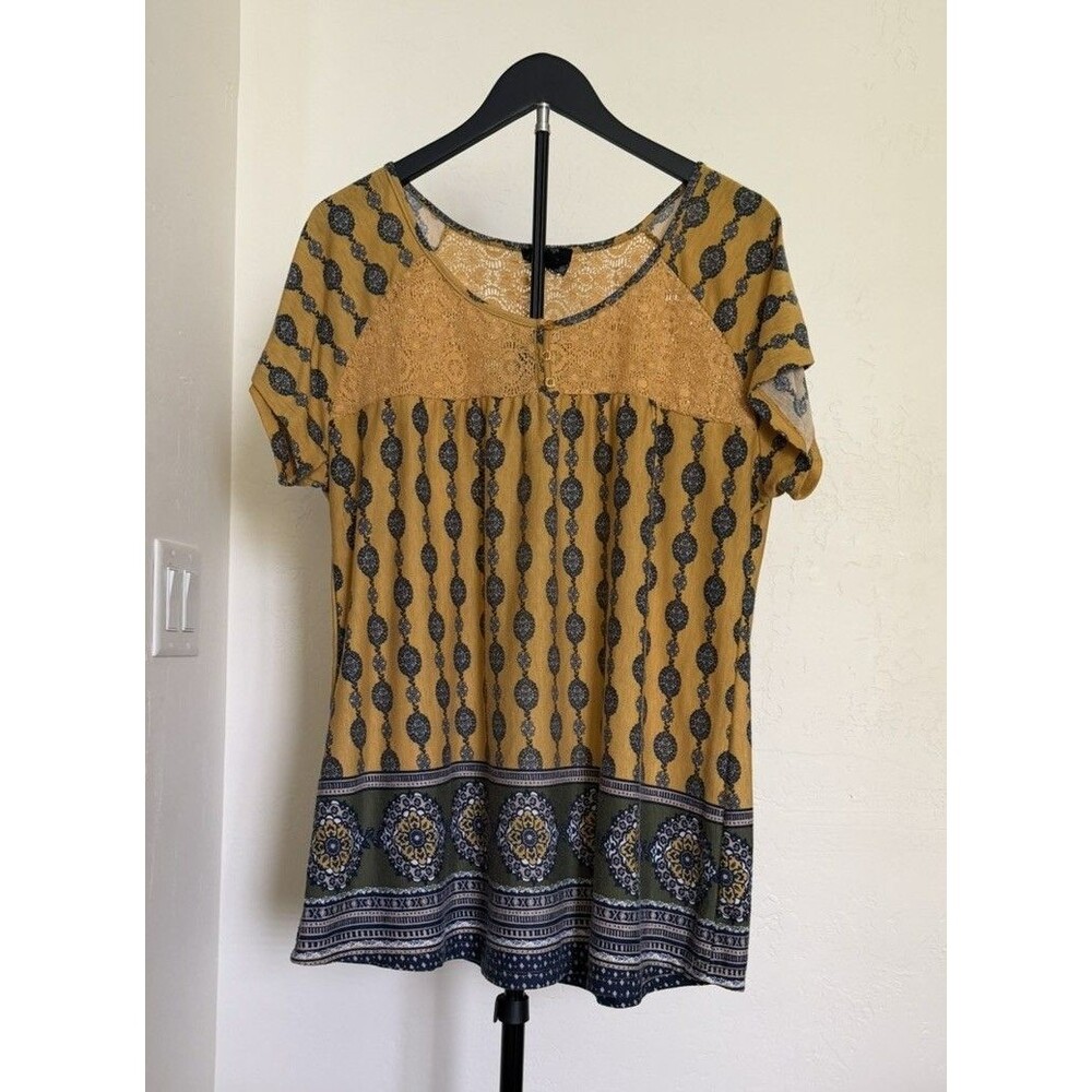 Perch by Blu Pepper Women's Boho Top Crochet Lace 3XL Plus Yellow Mixed Print